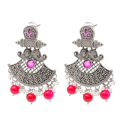 Traditional Indian Matte Silver Oxidised CZ  Crystal Studded Drop Earring For Women - Silver Green (SJE_130_S_G)