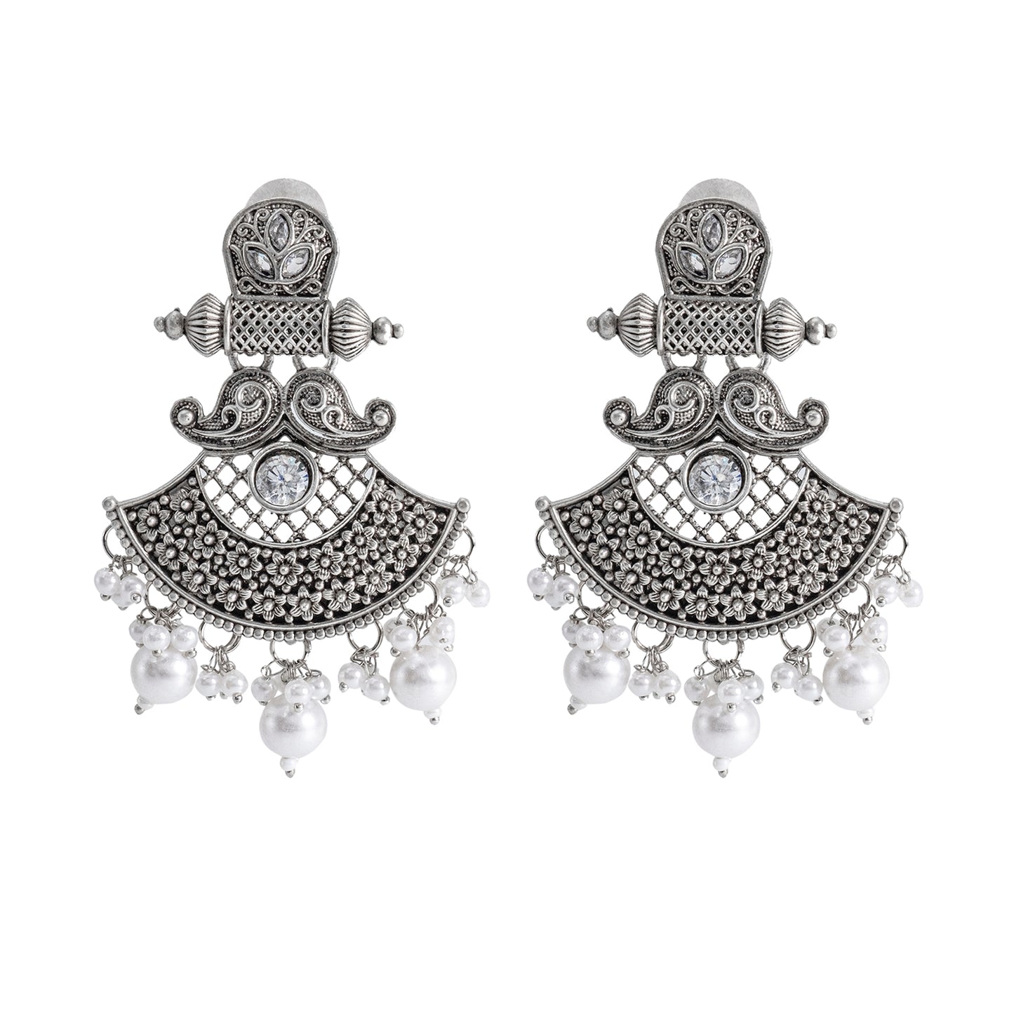 Traditional Indian Matte Silver Oxidised CZ  Crystal Studded Drop Earring For Women - Silver Green (SJE_130_S_G)