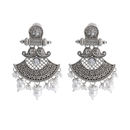 Traditional Indian Matte Silver Oxidised CZ  Crystal Studded Drop Earring For Women - Silver Green (SJE_130_S_G)