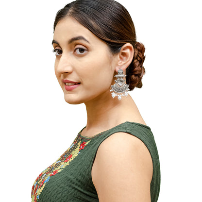 Traditional Indian Matte Silver Oxidised CZ  Crystal Studded Drop Earring For Women - Silver Green (SJE_130_S_G)