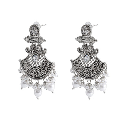 Traditional Indian Matte Silver Oxidised CZ  Crystal Studded Drop Earring For Women - Silver Green (SJE_130_S_G)