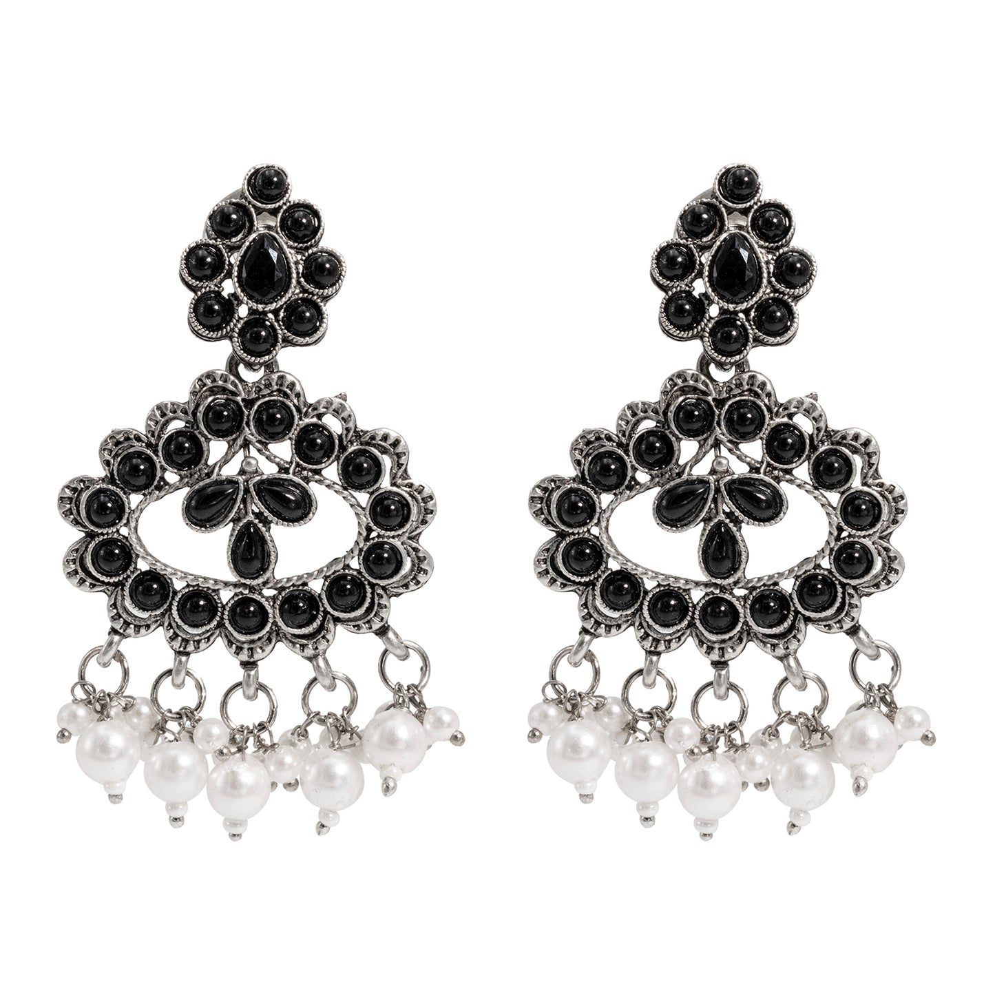 Traditional Indian Matte Silver Oxidised CZ Crystal Studded Drop Earring For Women - Silver White (SJE_132_S_W)