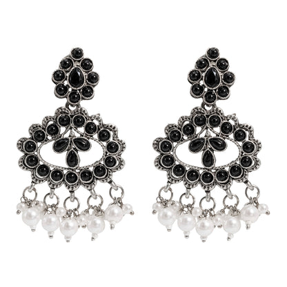 Traditional Indian Matte Silver Oxidised CZ Crystal Studded Drop Earring For Women - Silver White (SJE_132_S_W)