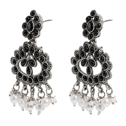 Traditional Indian Matte Silver Oxidised CZ Crystal Studded Drop Earring For Women - Silver White (SJE_132_S_W)