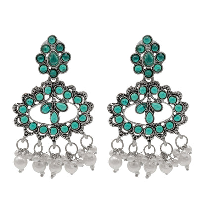 Traditional Indian Matte Silver Oxidised CZ Crystal Studded Drop Earring For Women - Silver White (SJE_132_S_W)