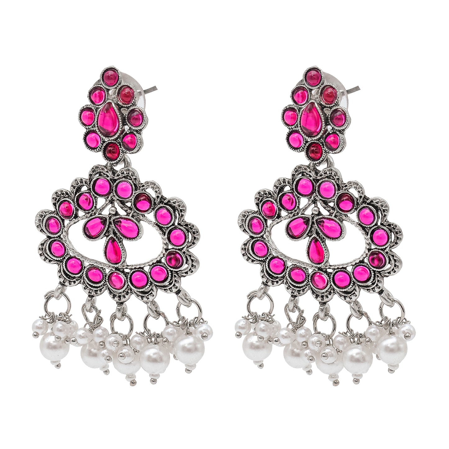 Traditional Indian Matte Silver Oxidised CZ Crystal Studded Drop Earring For Women - Silver White (SJE_132_S_W)