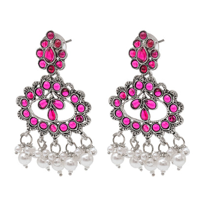 Traditional Indian Matte Silver Oxidised CZ Crystal Studded Drop Earring For Women - Silver White (SJE_132_S_W)