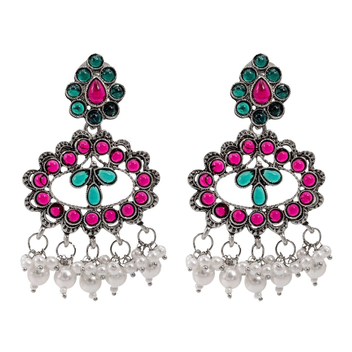 Traditional Indian Matte Silver Oxidised CZ Crystal Studded Drop Earring For Women - Silver White (SJE_132_S_W)