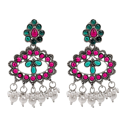 Traditional Indian Matte Silver Oxidised CZ Crystal Studded Drop Earring For Women - Silver White (SJE_132_S_W)