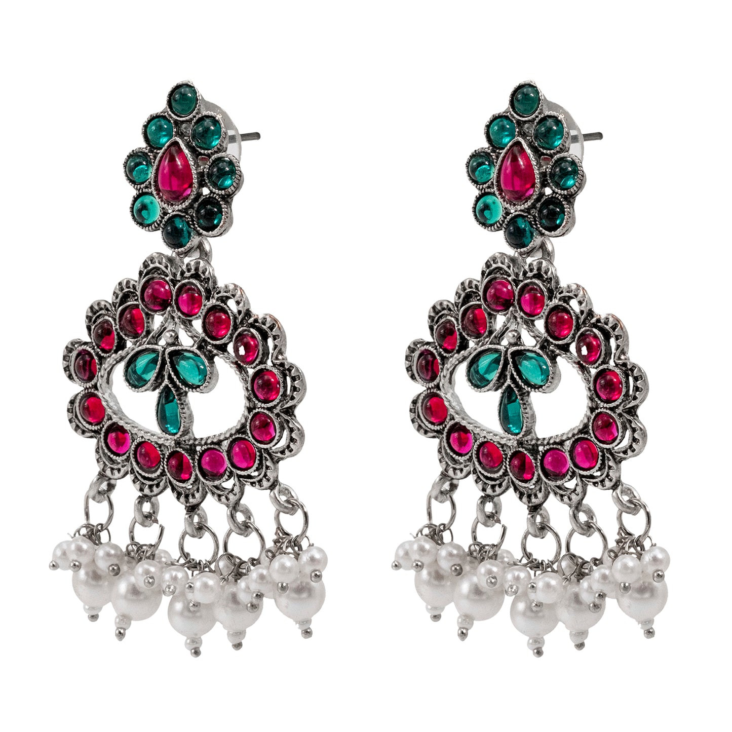 Traditional Indian Matte Silver Oxidised CZ Crystal Studded Drop Earring For Women - Silver White (SJE_132_S_W)