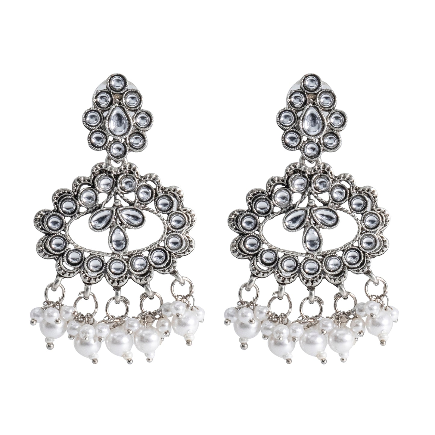 Traditional Indian Matte Silver Oxidised CZ Crystal Studded Drop Earring For Women - Silver White (SJE_132_S_W)