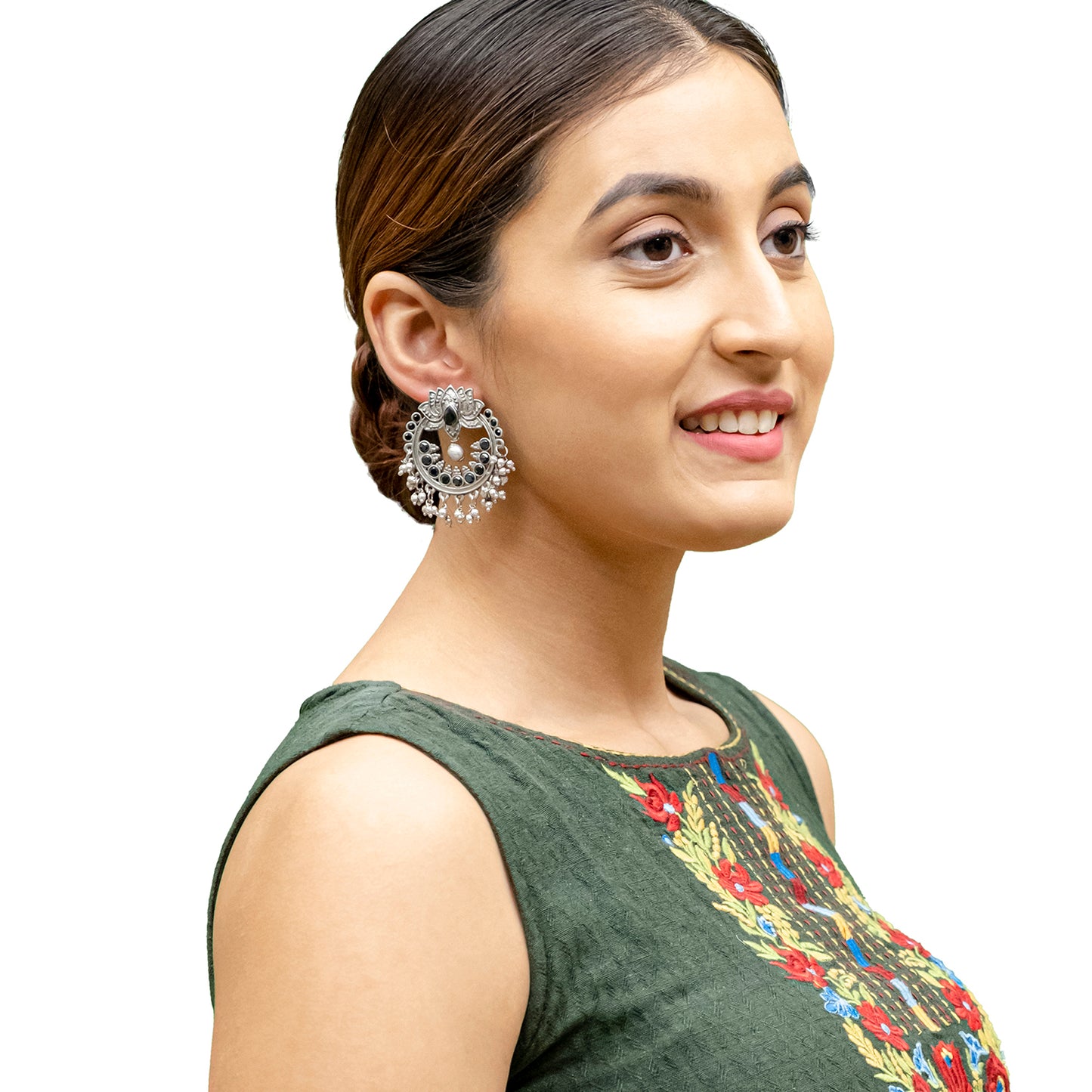 Traditional Indian Matte Silver Oxitised CZ Crystal Studded Lotus Chand Bali Earring For Women - Silver Black (SJE_133_S_BK)