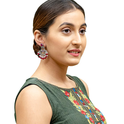 Traditional Indian Matte Silver Oxitised CZ  Crystal Studded Chand Bali Earring For Women - Silver Green (SJE_134_S_G)