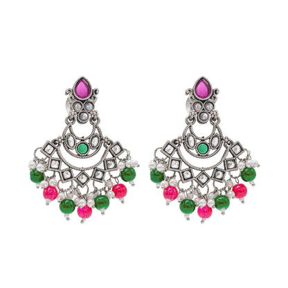 Traditional Indian Matte Silver Oxitised CZ  Crystal Studded Chand Bali Earring For Women - Silver Green (SJE_134_S_G)