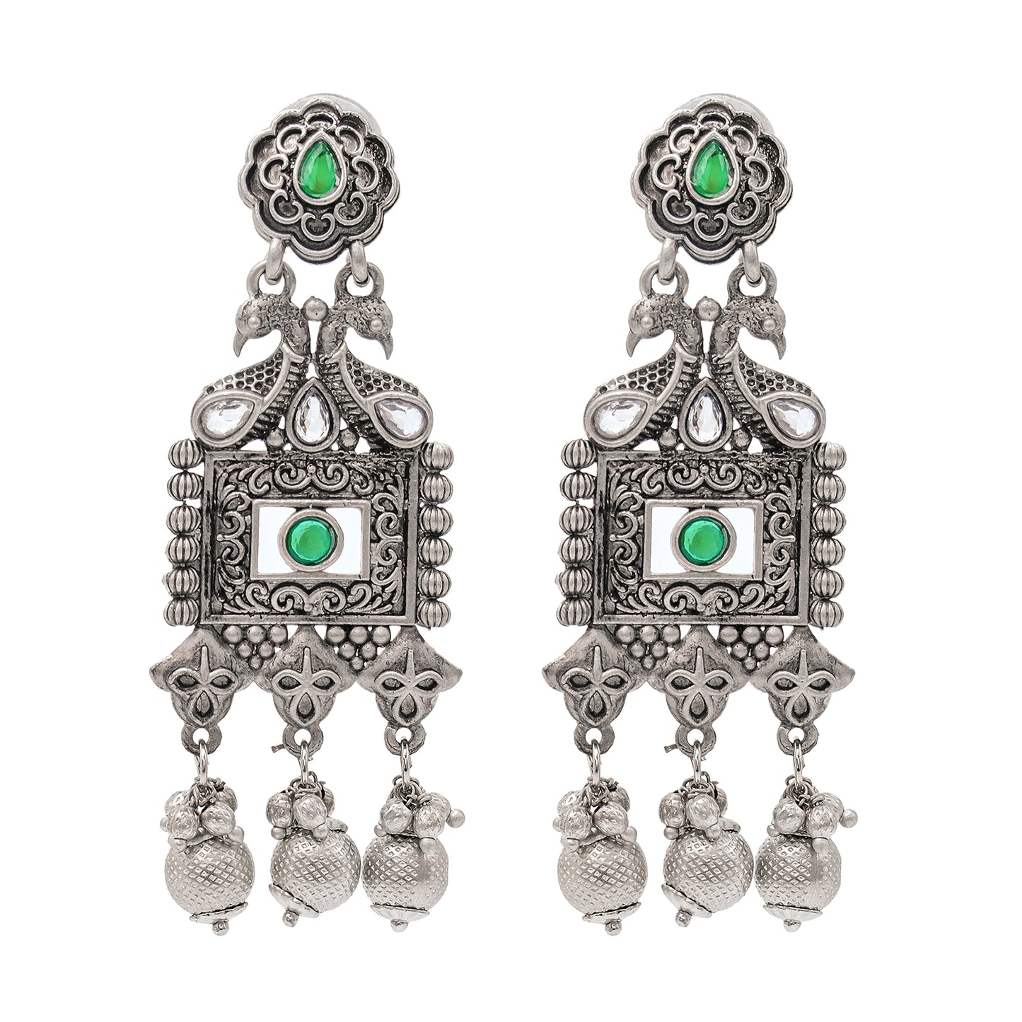 Traditional Indian Matte Silver Oxitised CZ  Crystal Studded Drop Earring For Women - Silver White (SJE_135_S_W)