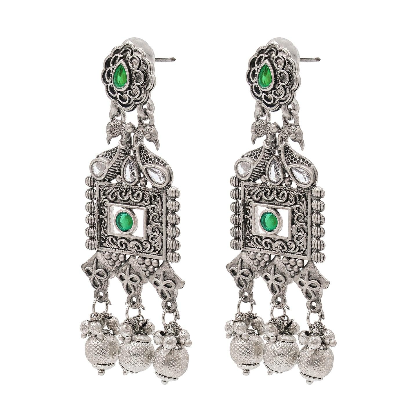 Traditional Indian Matte Silver Oxitised CZ  Crystal Studded Drop Earring For Women - Silver White (SJE_135_S_W)