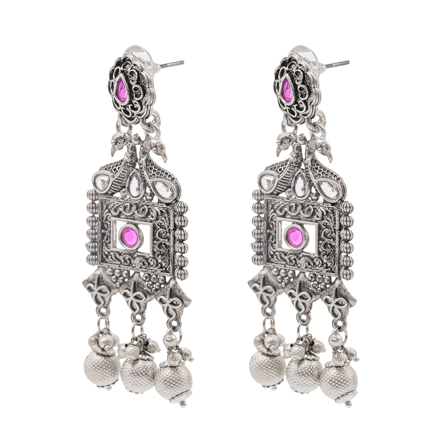 Traditional Indian Matte Silver Oxitised CZ  Crystal Studded Drop Earring For Women - Silver White (SJE_135_S_W)