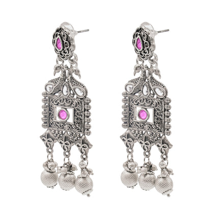 Traditional Indian Matte Silver Oxitised CZ  Crystal Studded Drop Earring For Women - Silver White (SJE_135_S_W)