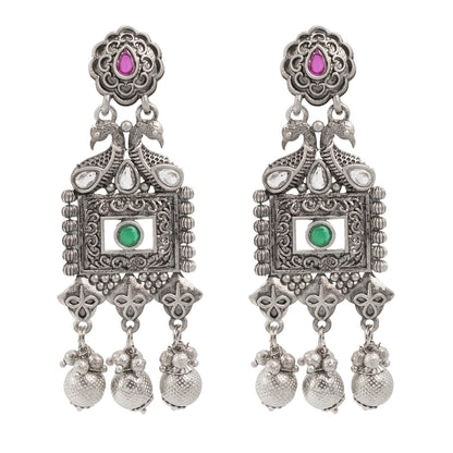 Traditional Indian Matte Silver Oxitised CZ  Crystal Studded Drop Earring For Women - Silver White (SJE_135_S_W)