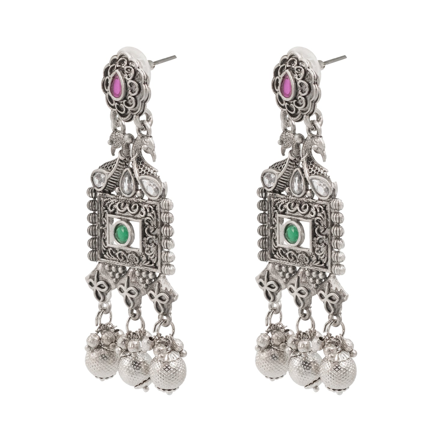 Traditional Indian Matte Silver Oxitised CZ  Crystal Studded Drop Earring For Women - Silver White (SJE_135_S_W)