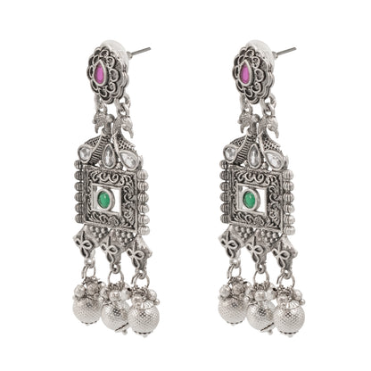 Traditional Indian Matte Silver Oxitised CZ  Crystal Studded Drop Earring For Women - Silver White (SJE_135_S_W)