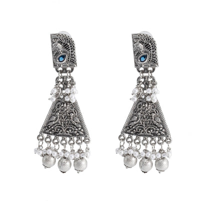 Shining Jewel Traditional Indian Matte Silver Oxitised CZ, Crystal Studded Drop Peacock Earring For Women - Silver Black (SJE_136_S_BK)