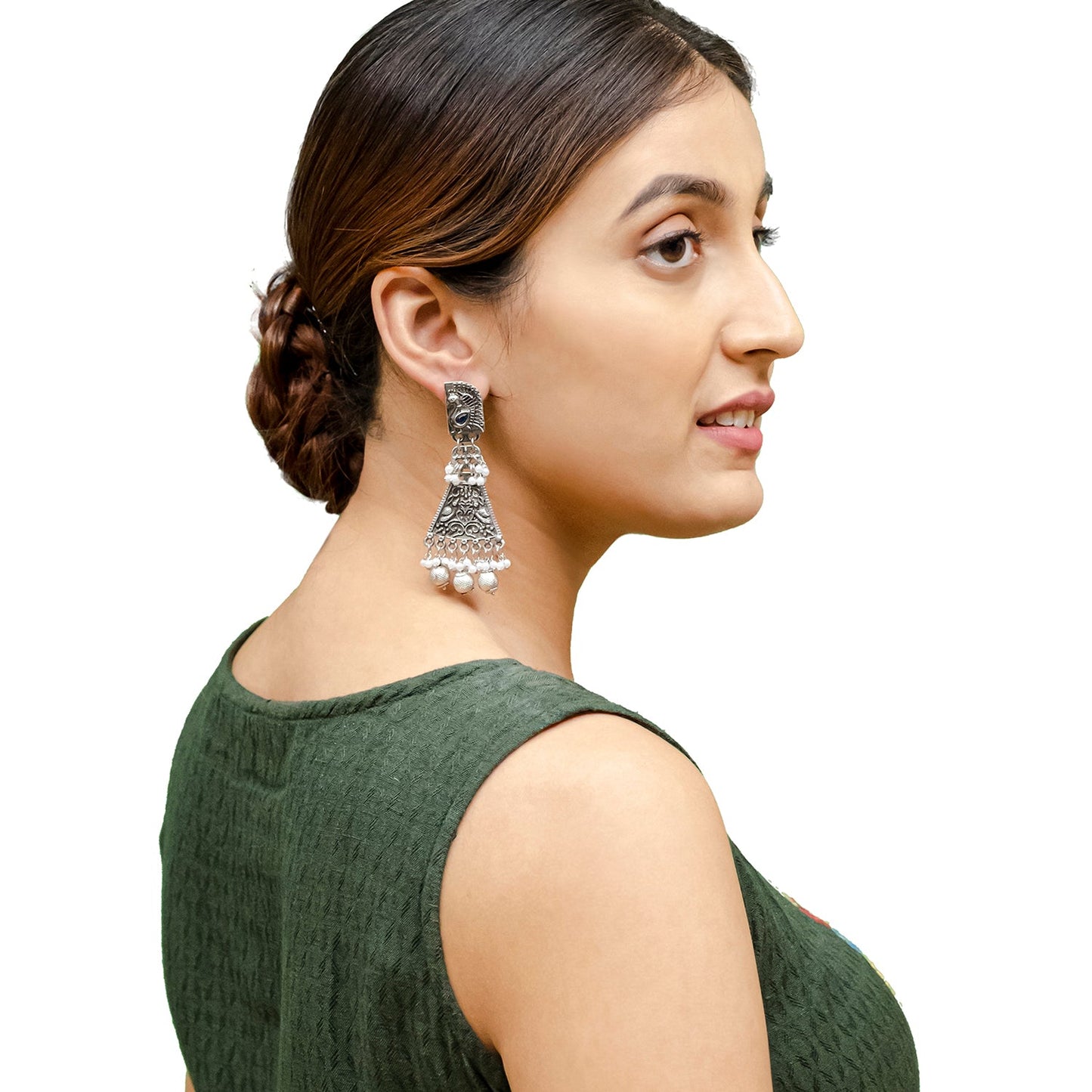 Shining Jewel Traditional Indian Matte Silver Oxitised CZ, Crystal Studded Drop Peacock Earring For Women - Silver Black (SJE_136_S_BK)