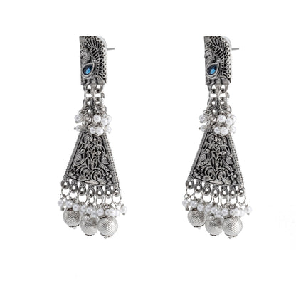 Shining Jewel Traditional Indian Matte Silver Oxitised CZ, Crystal Studded Drop Peacock Earring For Women - Silver Black (SJE_136_S_BK)