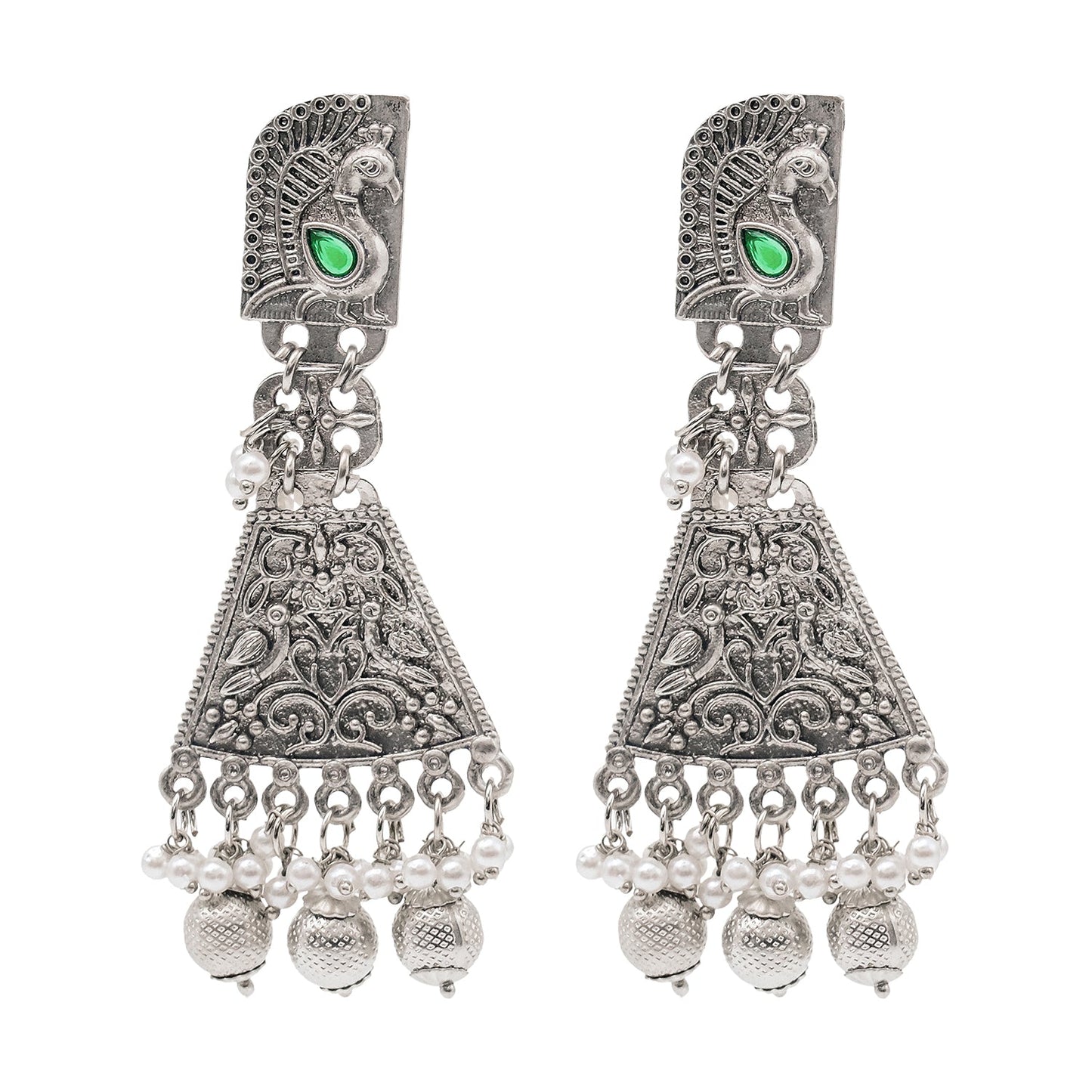 Shining Jewel Traditional Indian Matte Silver Oxitised CZ, Crystal Studded Drop Peacock Earring For Women - Silver,Green (SJE_136_S_G)