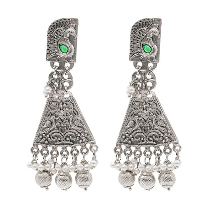 Shining Jewel Traditional Indian Matte Silver Oxitised CZ, Crystal Studded Drop Peacock Earring For Women - Silver,Green (SJE_136_S_G)