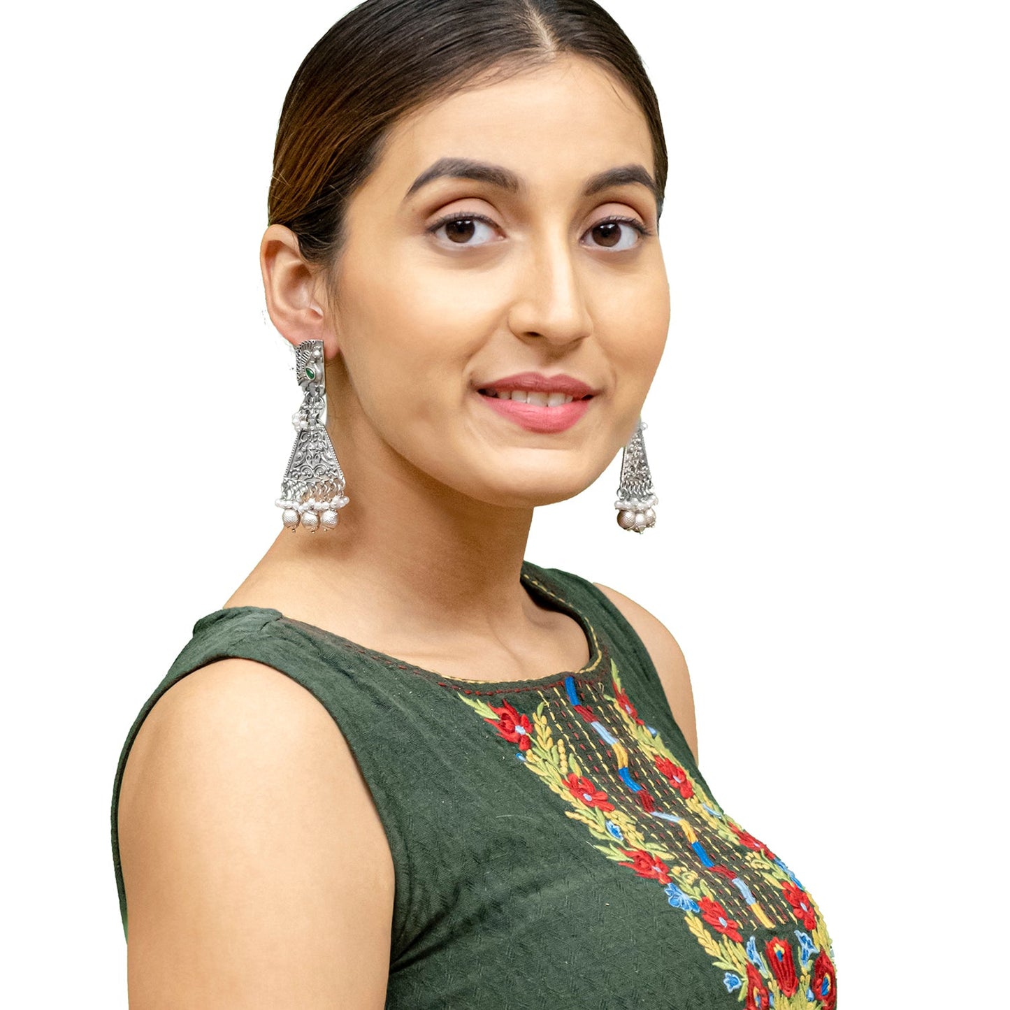 Shining Jewel Traditional Indian Matte Silver Oxitised CZ, Crystal Studded Drop Peacock Earring For Women - Silver,Green (SJE_136_S_G)