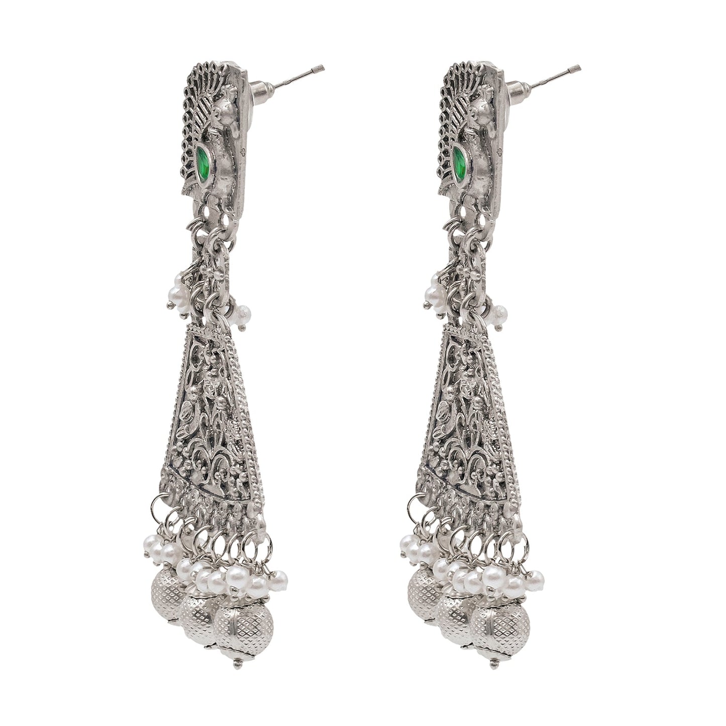 Shining Jewel Traditional Indian Matte Silver Oxitised CZ, Crystal Studded Drop Peacock Earring For Women - Silver,Green (SJE_136_S_G)