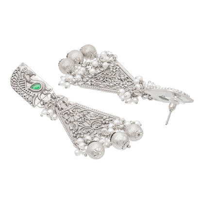 Shining Jewel Traditional Indian Matte Silver Oxitised CZ, Crystal Studded Drop Peacock Earring For Women - Silver,Green (SJE_136_S_G)