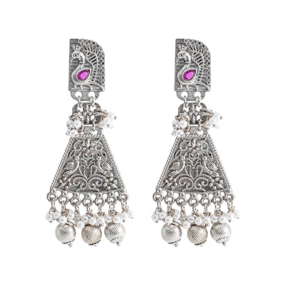 Shining Jewel Traditional Indian Matte Silver Oxitised CZ, Crystal Studded Drop Peacock Earring For Women - Silver Maroon (SJE_136_S_M)