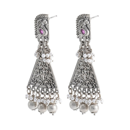 Shining Jewel Traditional Indian Matte Silver Oxitised CZ, Crystal Studded Drop Peacock Earring For Women - Silver Maroon (SJE_136_S_M)