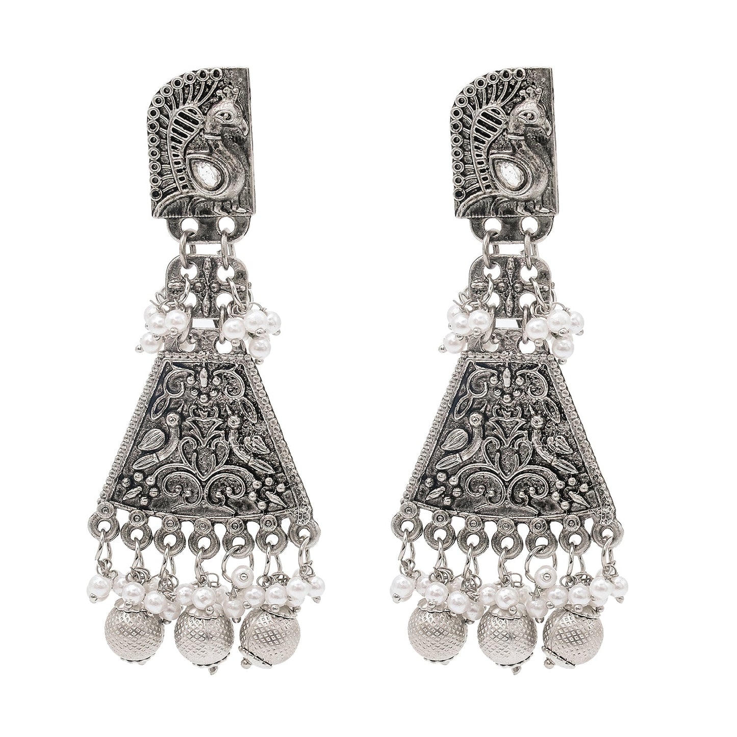 Shining Jewel Traditional Indian Matte Silver Oxitised CZ, Crystal Studded Drop Peacock Earring For Women - Silver White (SJE_136_S_W)