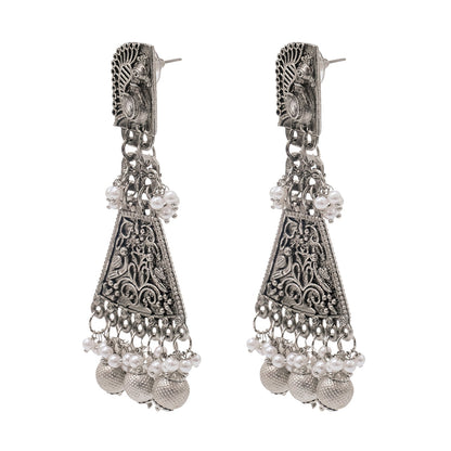 Shining Jewel Traditional Indian Matte Silver Oxitised CZ, Crystal Studded Drop Peacock Earring For Women - Silver White (SJE_136_S_W)