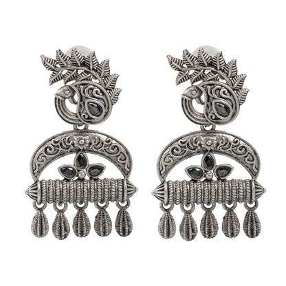 Traditional Indian Matte Silver Oxitised CZ  Crystal Studded Drop Peacock Earring For Women - Silver Maroon (SJE_137_S_M)