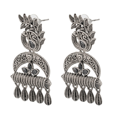 Traditional Indian Matte Silver Oxitised CZ  Crystal Studded Drop Peacock Earring For Women - Silver Maroon (SJE_137_S_M)