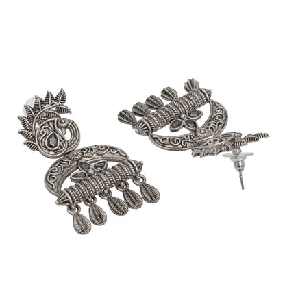 Traditional Indian Matte Silver Oxitised CZ  Crystal Studded Drop Peacock Earring For Women - Silver Maroon (SJE_137_S_M)