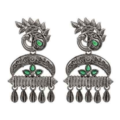 Traditional Indian Matte Silver Oxitised CZ  Crystal Studded Drop Peacock Earring For Women - Silver Maroon (SJE_137_S_M)