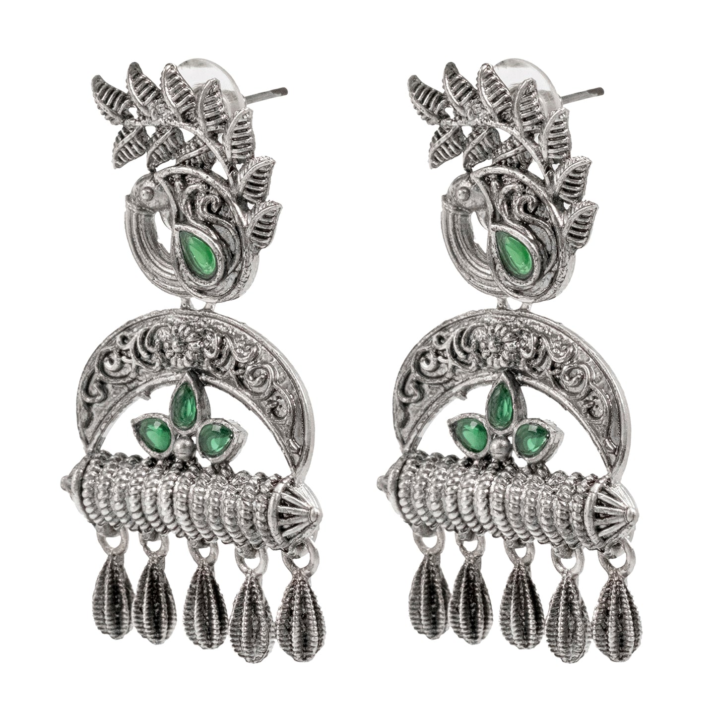 Traditional Indian Matte Silver Oxitised CZ  Crystal Studded Drop Peacock Earring For Women - Silver Maroon (SJE_137_S_M)