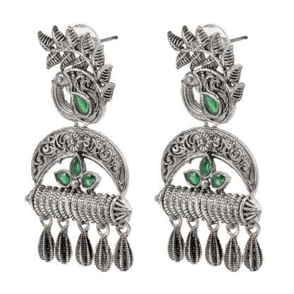 Traditional Indian Matte Silver Oxitised CZ  Crystal Studded Drop Peacock Earring For Women - Silver Maroon (SJE_137_S_M)