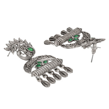 Traditional Indian Matte Silver Oxitised CZ  Crystal Studded Drop Peacock Earring For Women - Silver Maroon (SJE_137_S_M)