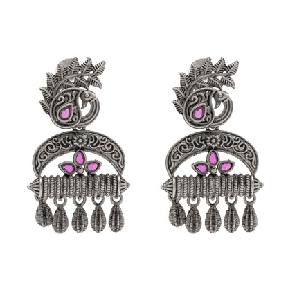 Traditional Indian Matte Silver Oxitised CZ  Crystal Studded Drop Peacock Earring For Women - Silver Maroon (SJE_137_S_M)