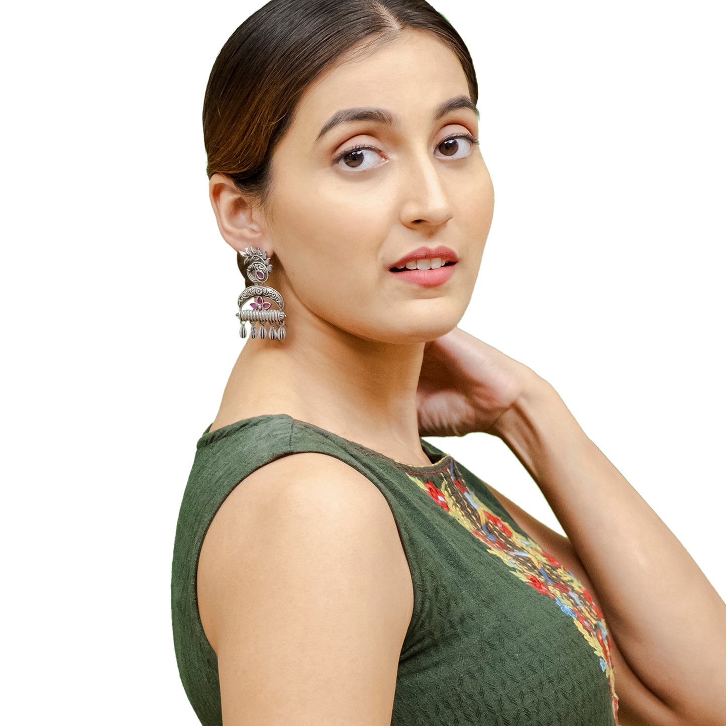 Traditional Indian Matte Silver Oxitised CZ  Crystal Studded Drop Peacock Earring For Women - Silver Maroon (SJE_137_S_M)