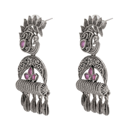 Traditional Indian Matte Silver Oxitised CZ  Crystal Studded Drop Peacock Earring For Women - Silver Maroon (SJE_137_S_M)