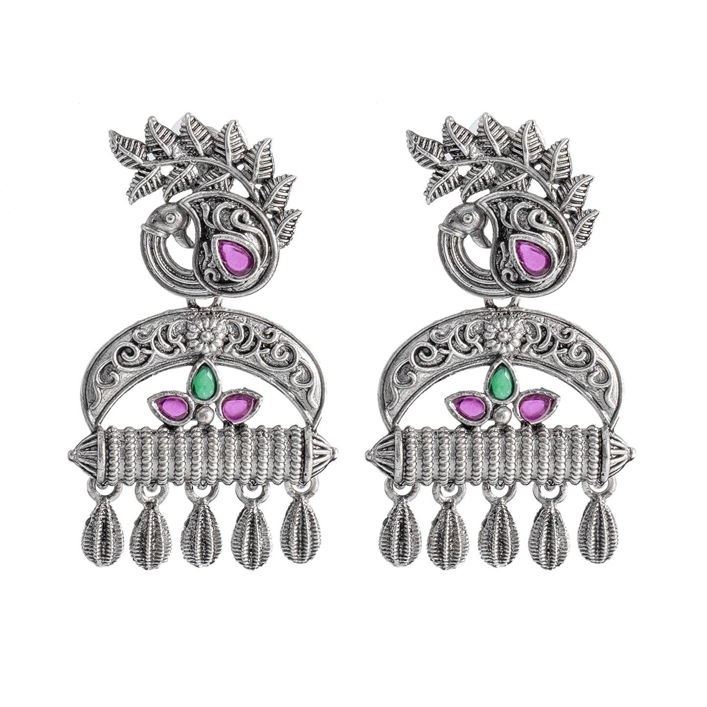 Traditional Indian Matte Silver Oxitised CZ  Crystal Studded Drop Peacock Earring For Women - Silver Maroon (SJE_137_S_M)