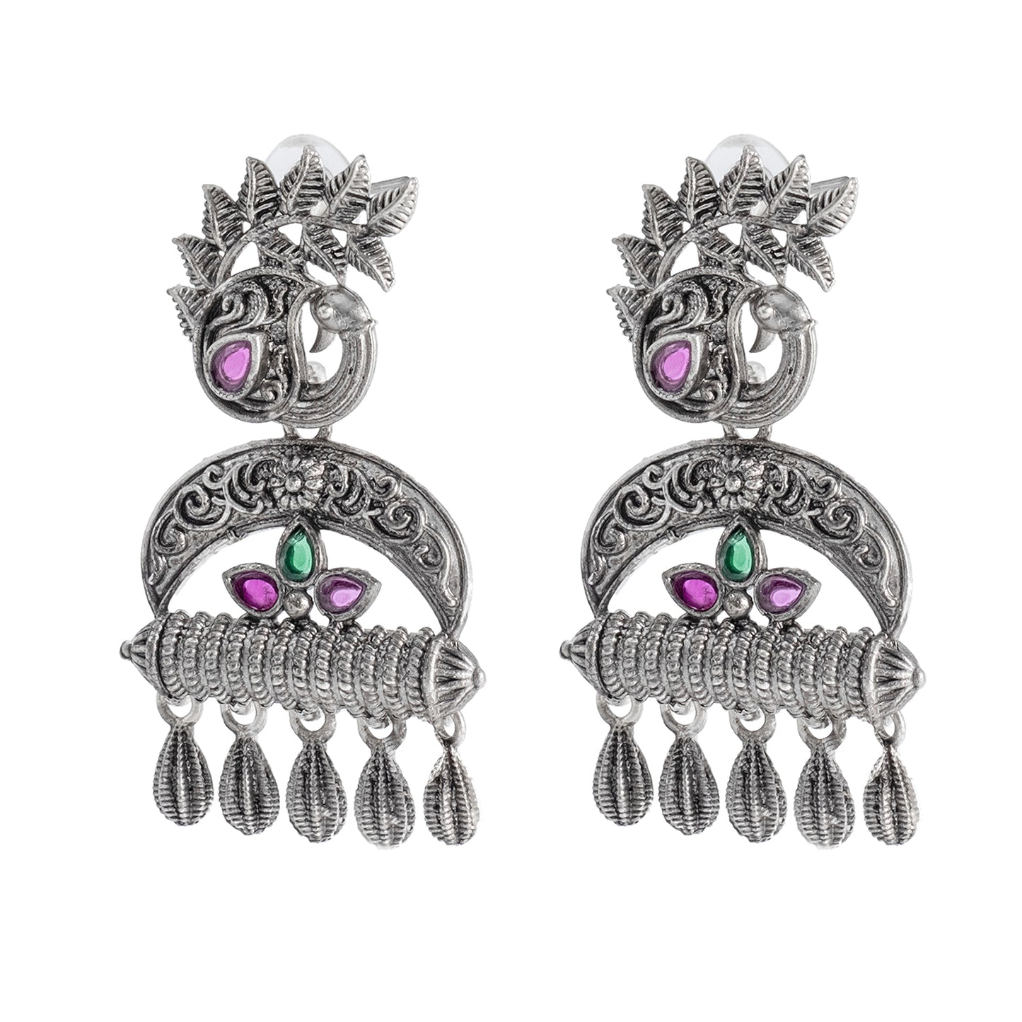 Traditional Indian Matte Silver Oxitised CZ  Crystal Studded Drop Peacock Earring For Women - Silver Maroon (SJE_137_S_M)