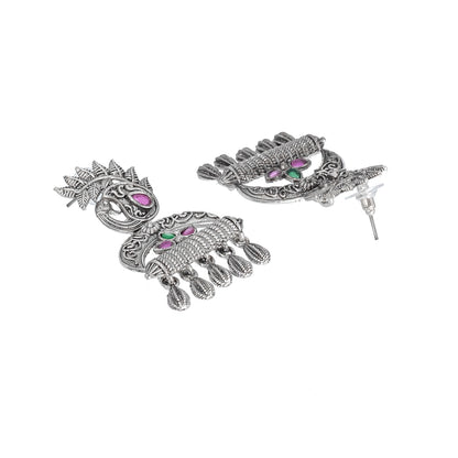 Traditional Indian Matte Silver Oxitised CZ  Crystal Studded Drop Peacock Earring For Women - Silver Maroon (SJE_137_S_M)